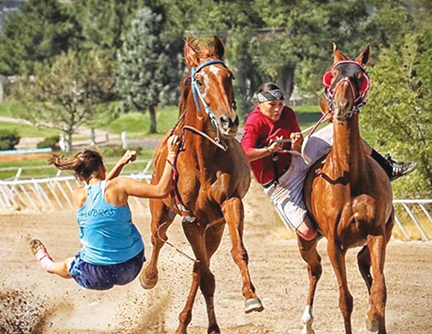 Issue-35 Jessee Vigen (left) in a collision with another rider did not stop her from riding to victory the last two years at the Indian Relays in Utah-IMG-5677-rev-web